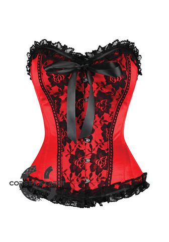 Red Satin Black Frill N Net Gothic Burlesque Bustier Waist Training Overbust Corset Costume