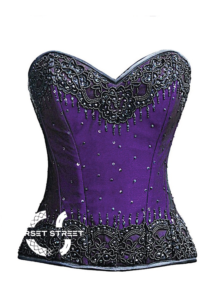 Purple Satin Black Handmade Sequins Gothic Burlesque Bustier Waist Training Overbust Corset Costume
