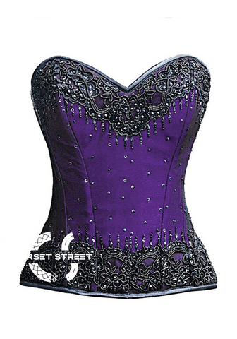 Purple Satin Black Handmade Sequins Gothic Burlesque Bustier Waist Training Overbust Corset Costume