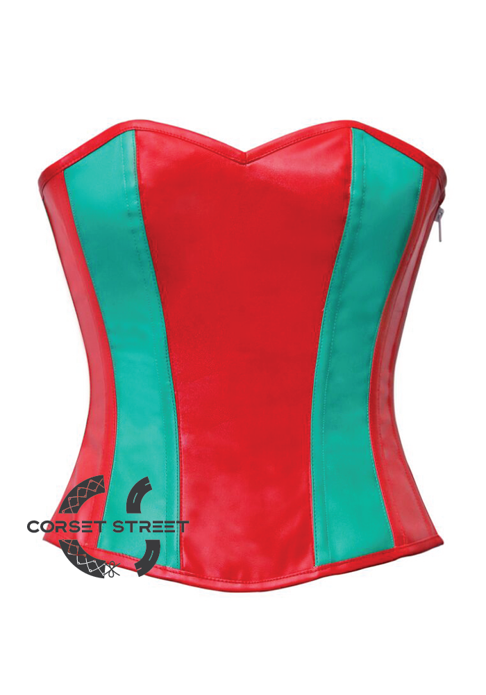 Sexy Red & Green Leather Zipper Gothic Steampunk Bustier Waist Training Overbust Corset Costume