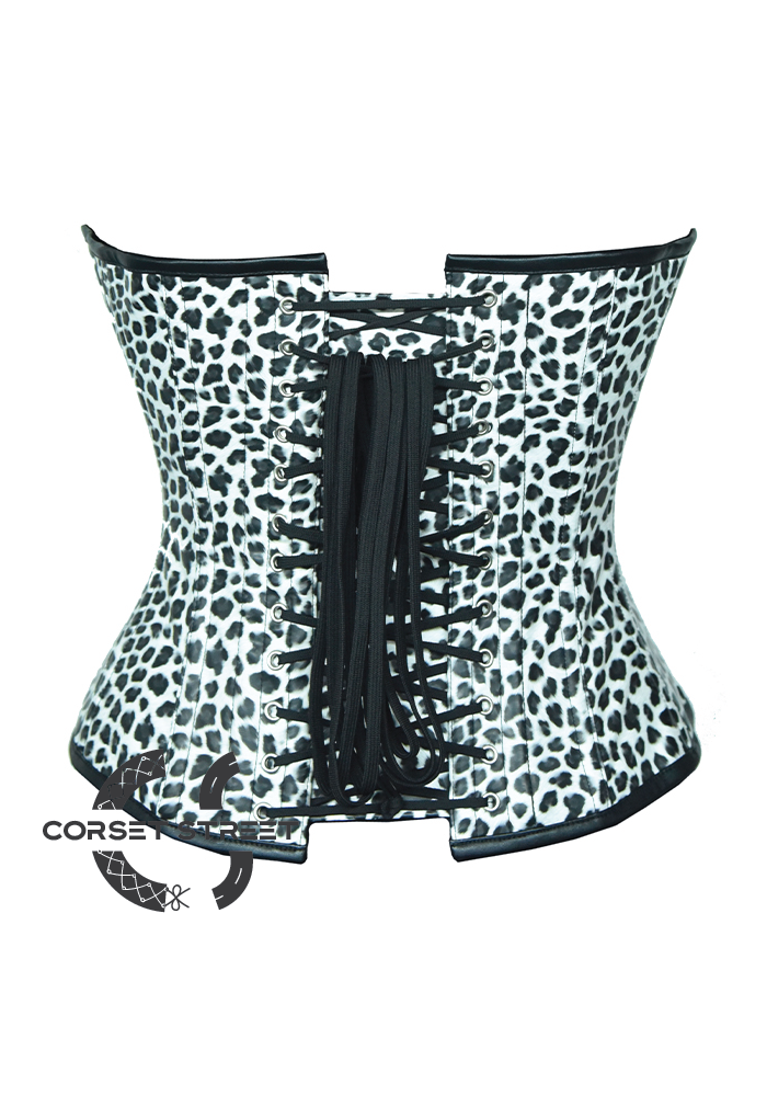 Leopard Print White Faux Leather Gothic Steampunk Waist Training Overbust Corset Costume