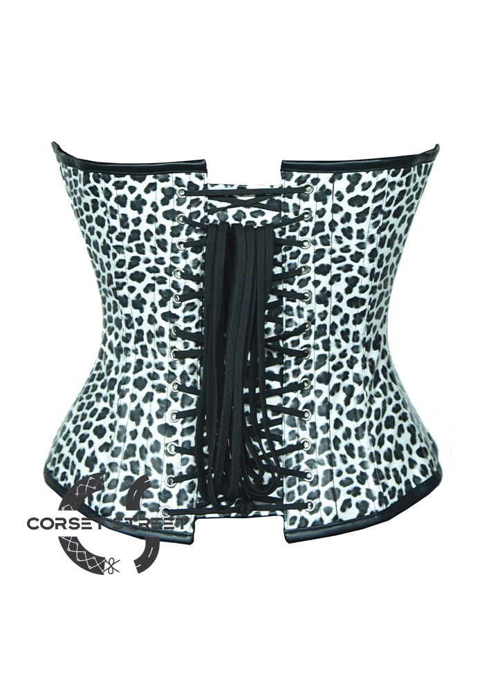 Leopard Print White Faux Leather Gothic Steampunk Waist Training Overbust Plus Size Corset Costume