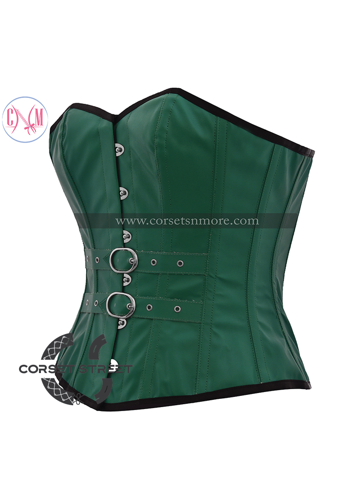 Green Faux Leather & Belts Gothic Steampunk Bustier Waist Training Overbust Plus Size Corset Costume