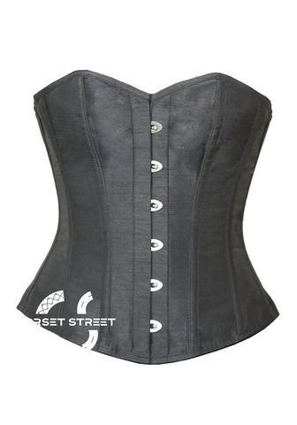 Plain Black Silk Gothic Burlesque Bustier Waist Training Overbust Plus Size Corset Costume