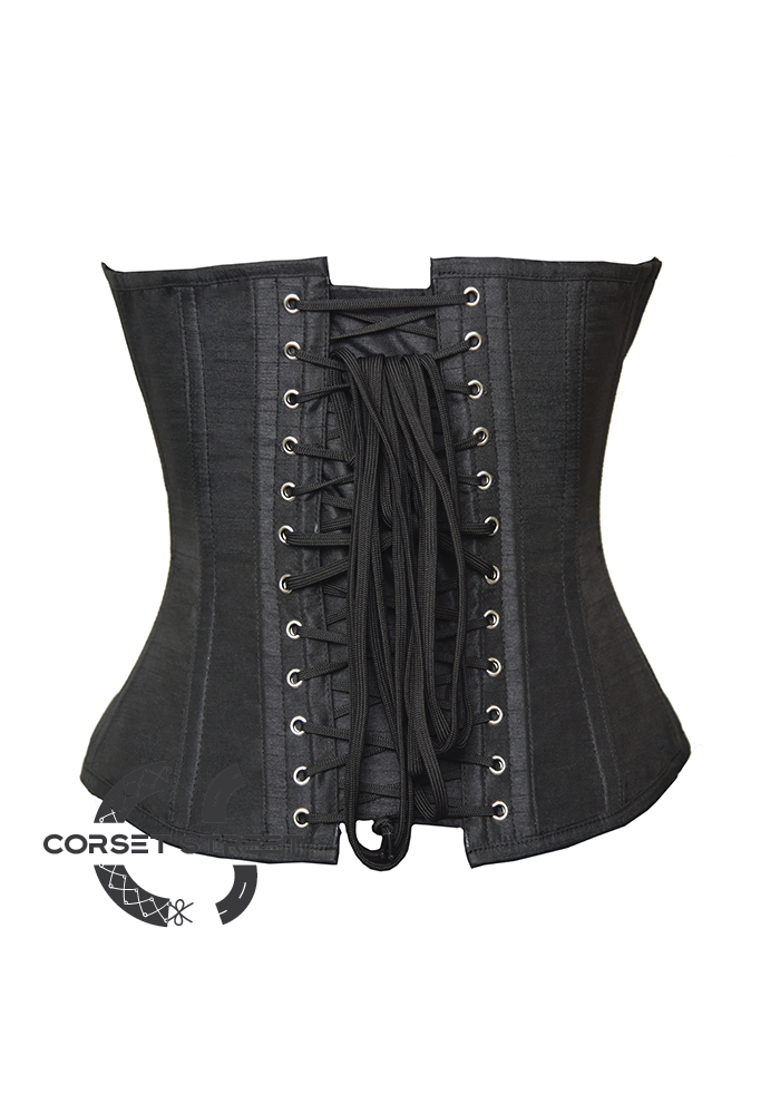 Plain Black Silk Gothic Burlesque Bustier Waist Training Overbust Plus Size Corset Costume