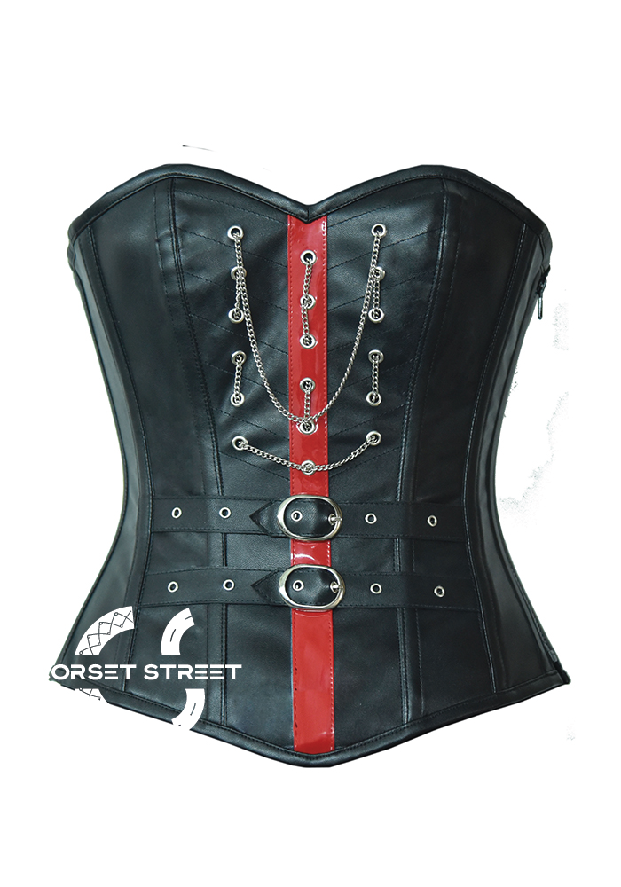 Sexy Black Faux Leather & Red PVC Gothic Steampunk Bustier Waist Training Overbust Plus Size Corset Costume
