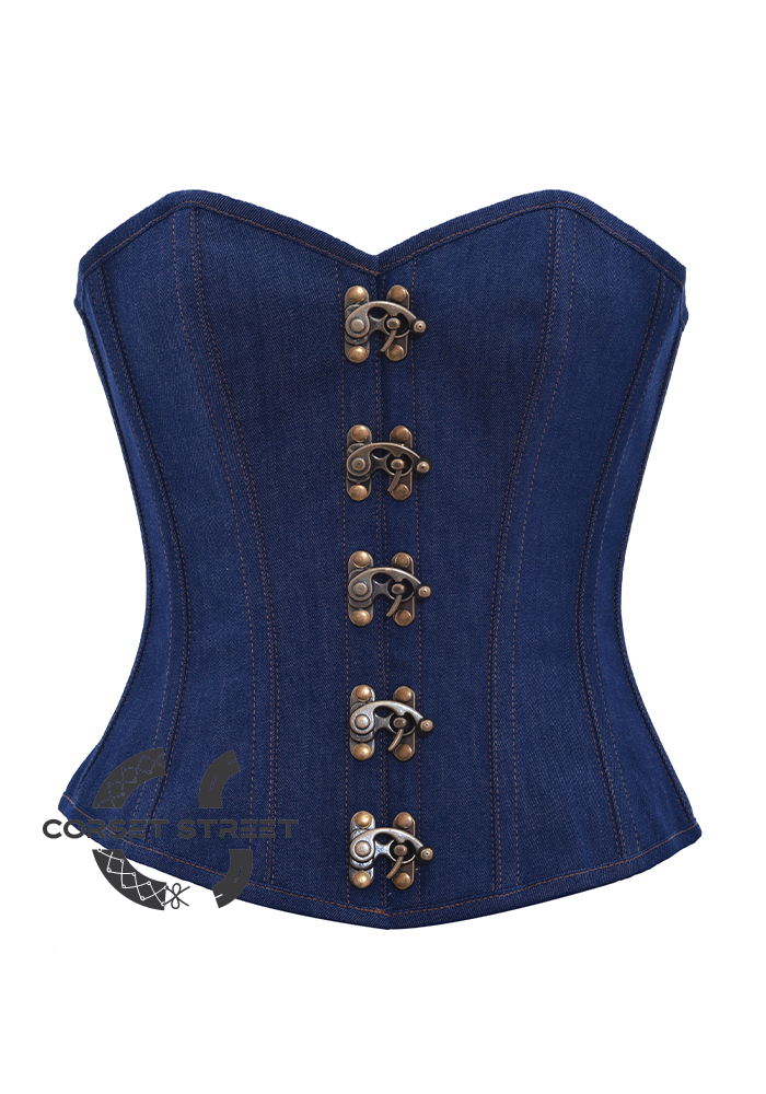 Antique Seal Lock Gothic Steampunk Costume Waist Training Overbust Blue Denim Plus Size Corset