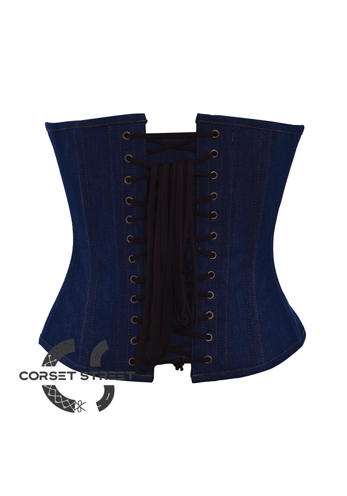 Antique Seal Lock Gothic Steampunk Costume Waist Training Overbust Blue Denim Corset