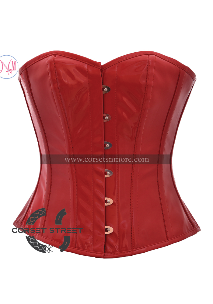 Sexy Red PVC Faux Leather Gothic Steampunk Bustier Waist Training Overbust Corset Costume