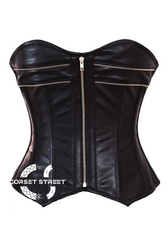 Black Faux Leather Zipper Gothic Steampunk Waist Training Bustier Overbust Corset Costume