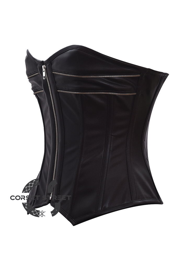Black Faux Leather Zipper Gothic Steampunk Waist Training Bustier Overbust Corset Costume