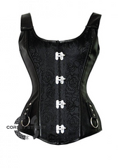 Black Texture Faux Leather Shoulder Straps Waist Training Bustier Overbust Plus Size Corset Costume