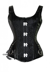 Black Texture Faux Leather Shoulder Straps Waist Training Bustier Overbust Corset Costume
