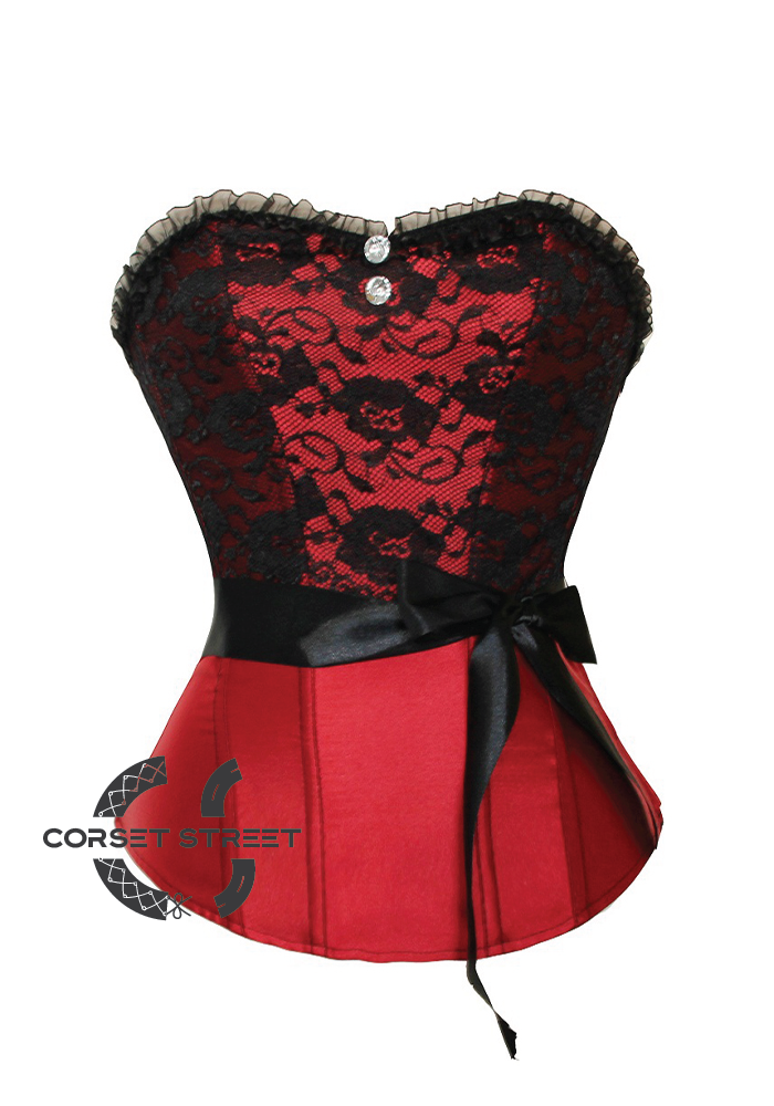 Red Satin Black Net Gothic Burlesque Waist Training Bustier Overbust Corset Costume