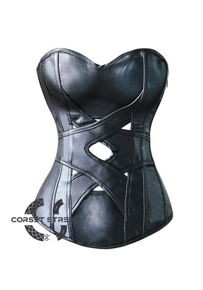 Black Faux Leather Gothic Steampunk Waist Training Bustier Overbust Plus Size Corset Costume