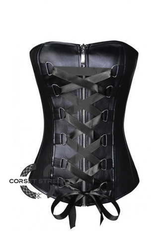 Black Faux Leather Satin Lace Gothic Steampunk Waist Training Bustier Overbust Plus Size Corset Costume
