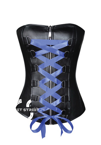 Black Faux Leather Blue Satin Lace Gothic Steampunk Waist Training Bustier Overbust Plus Size Corset Costume