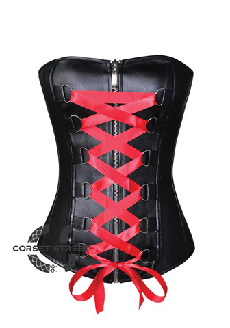 Black Faux Leather Red Satin Lace Gothic Steampunk Waist Training Bustier Overbust Plus Size Corset Costume