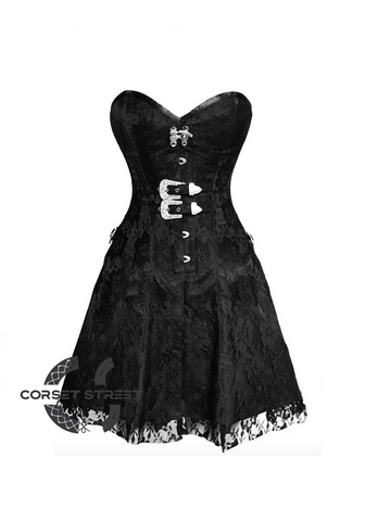 Black Satin & Net Overlay Gothic Burlesque Overbust Corset Dress