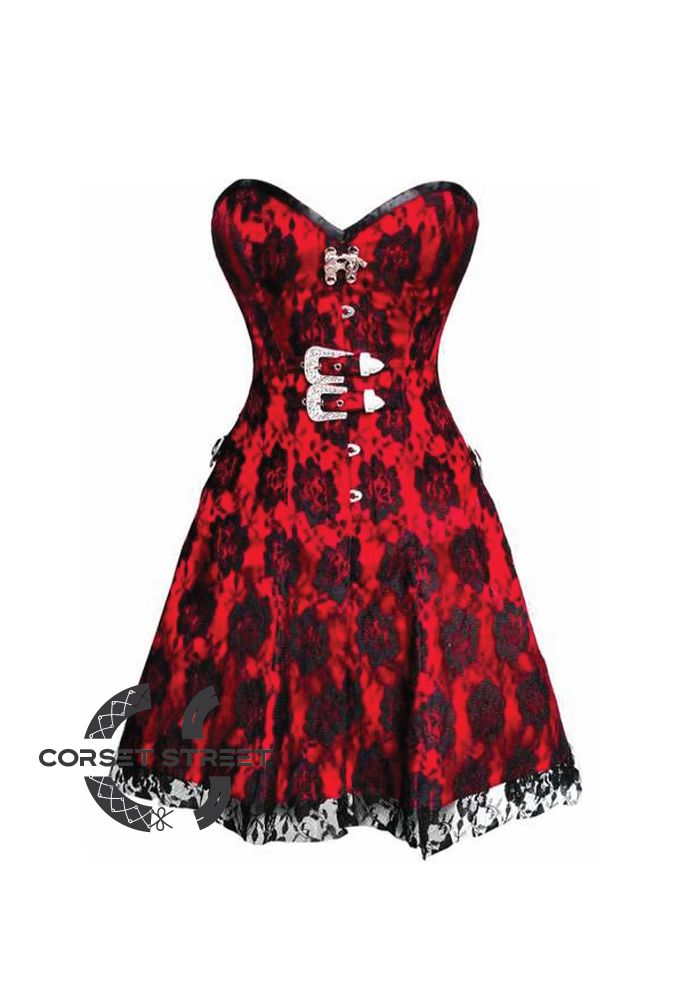 Red Satin & Black Net Overlay Gothic Burlesque Overbust Plus Size Corset Dress