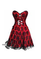 Red Satin & Black Net Overlay Gothic Burlesque Overbust Corset Dress