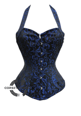 Blue Black Brocade Halter Neck Gothic Burlesque Waist Training Bustier Overbust Corset Costume