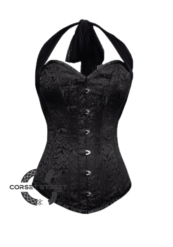 Black Brocade Net Halter Neck Gothic Burlesque Waist Training Bustier Overbust Corset Costume