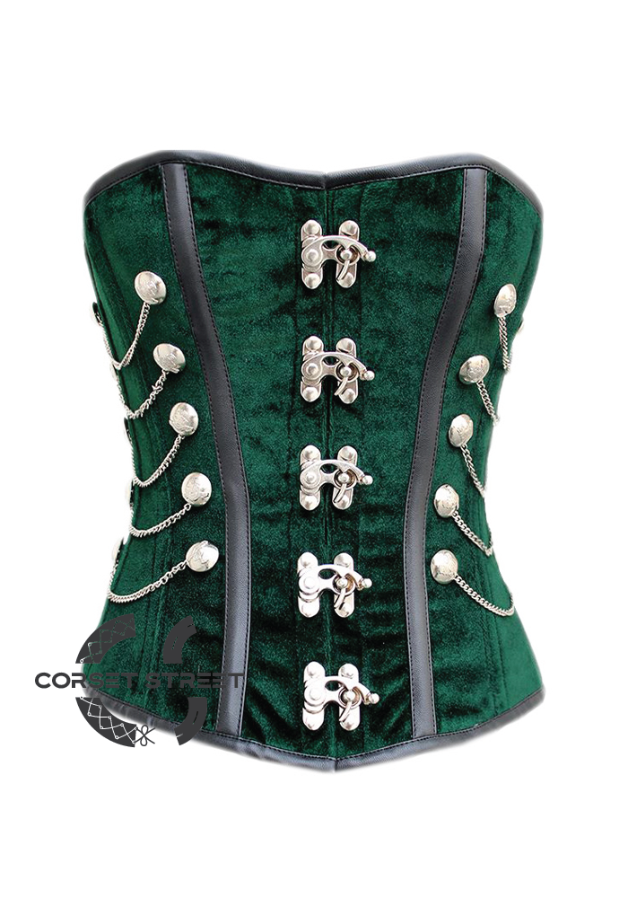 Green Velvet Black Faux Leather Strips Gothic Steampunk Waist Training Bustier Overbust Corset Costume