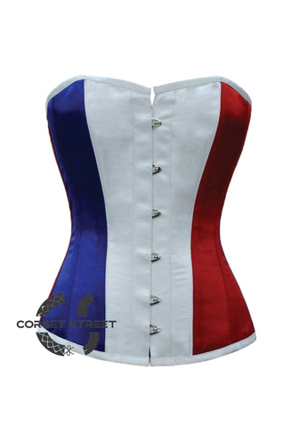 Red White Blue Satin France Flag Waist Training Bustier Overbust Corset Costume