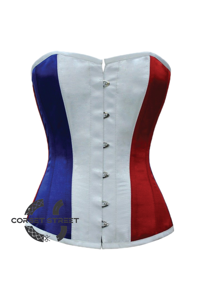 Red White Blue Satin France Flag Waist Training Bustier Overbust Plus Size Corset Costume