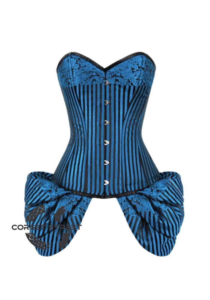 Blue Black Brocade Side Flounce Gothic Burlesque Waist Training Bustier Overbust Corset Costume