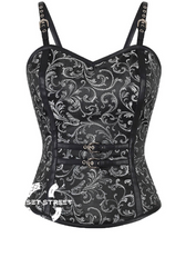 Black Brocade Leather Shoulder Straps Gothic Burlesque Waist Training Bustier Overbust Corset Costume