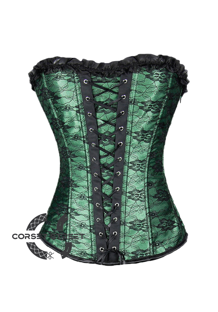 Green Satin Black Net Gothic Burlesque Bustier Waist Training Overbust Corset Costume