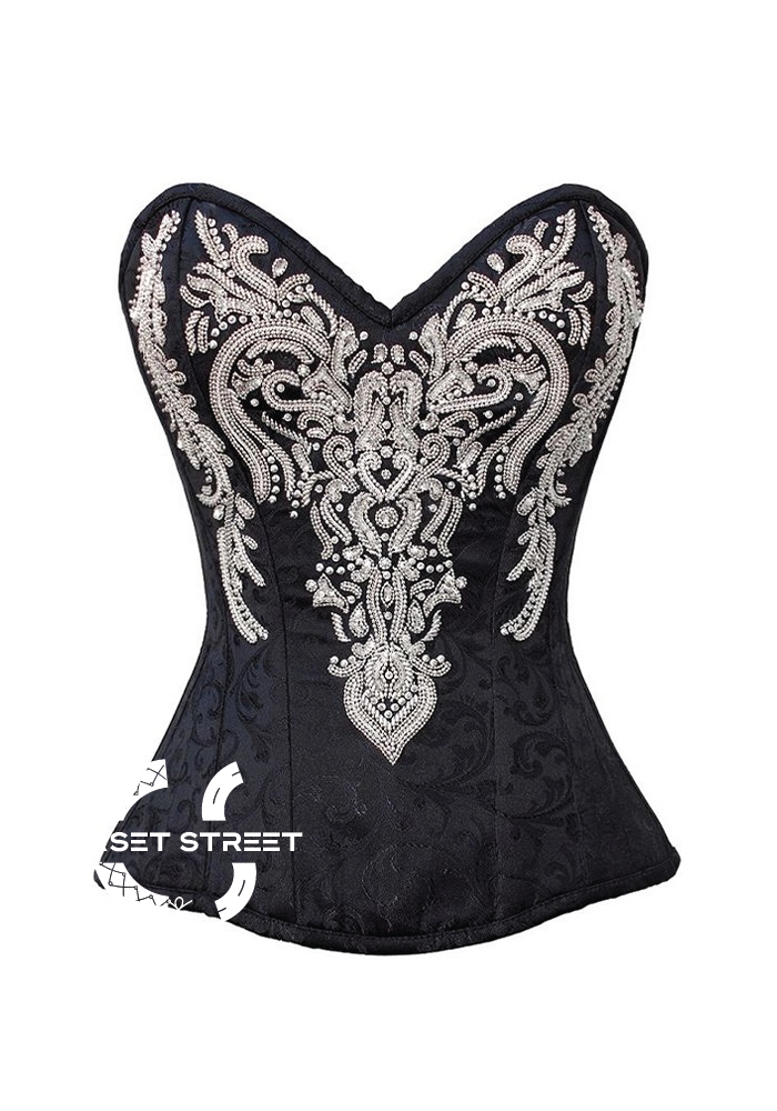 Black Brocade Silver Sequins Gothic Burlesque Waist Training Overbust Plus Size Corset Costume