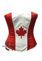 Red White Satin Canada Flag Handwork Gothic Burlesque Bustier Waist Training Overbust Corset Costume