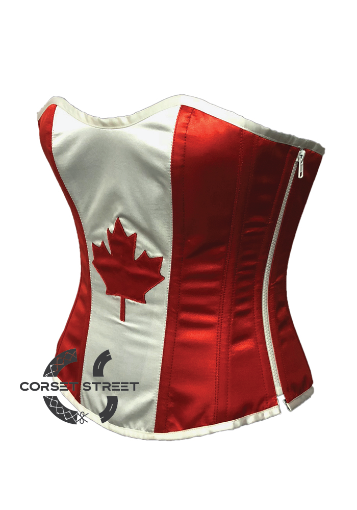 Red White Satin Canada Flag Handwork Gothic Burlesque Bustier Waist Training Overbust Corset Costume