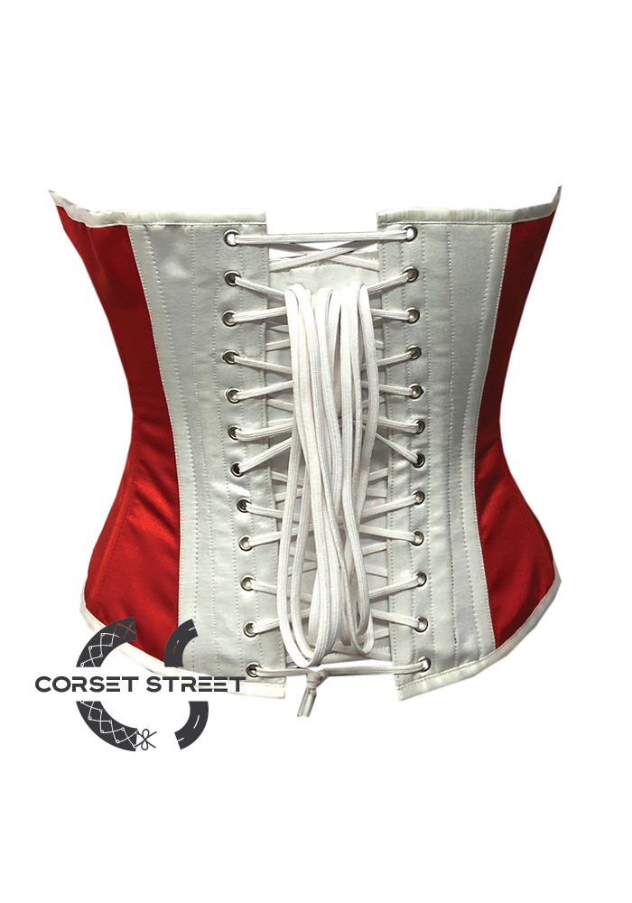 Red White Satin Canada Flag Handwork Gothic Burlesque Bustier Waist Training Overbust Corset Costume