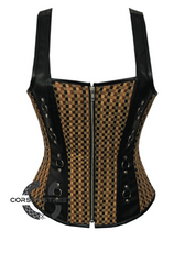 Cotton Jute & Black Leather Shoulder Strap Gothic Steampunk Waist Training Bustier Overbust Corset Top