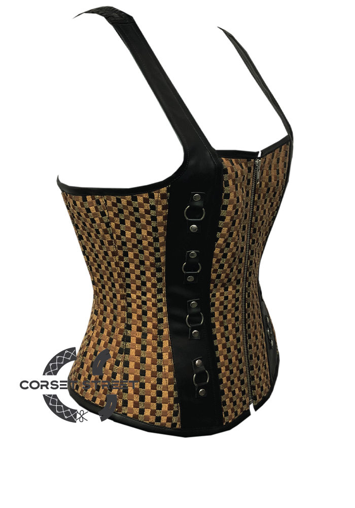 Cotton Jute & Black Leather Shoulder Strap Gothic Steampunk Waist Training Bustier Overbust Corset Top