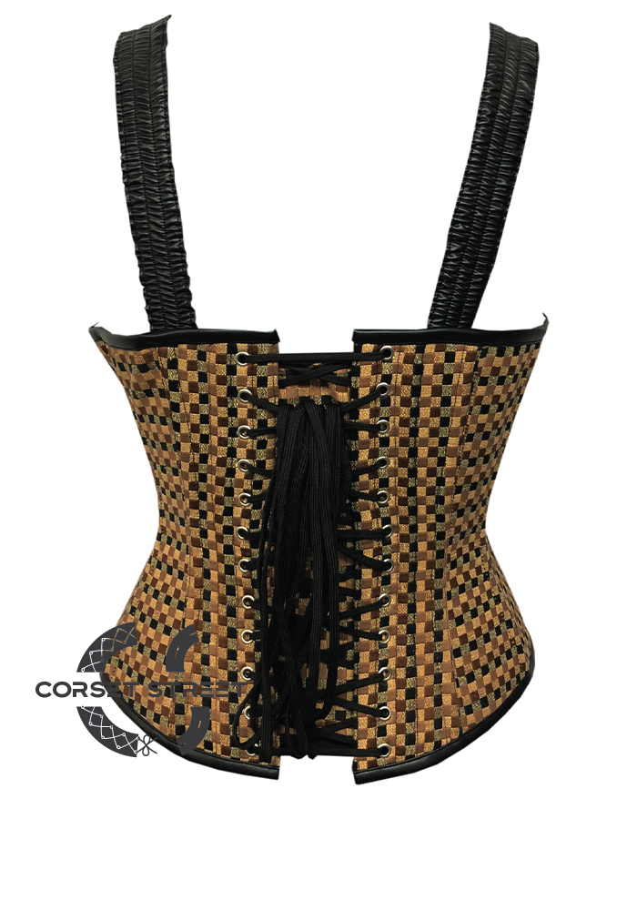 Cotton Jute & Black Leather Shoulder Strap Gothic Steampunk Waist Training Bustier Overbust Corset Top