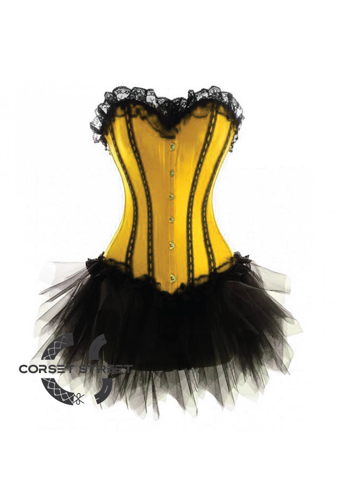 Yellow Satin Black Net Gothic Burlesque Bustier Waist Training Costume Overbust Plus Size  Corset Dress