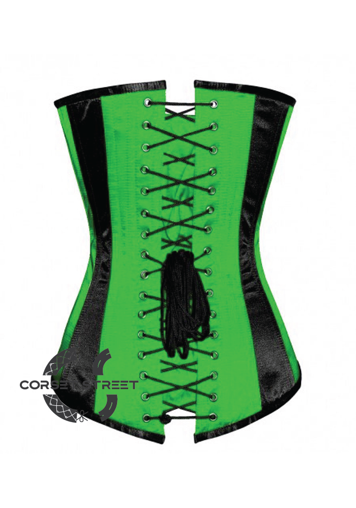 Green Black Satin Gothic Burlesque Waist Training Bustier LONG Overbust Corset Costume