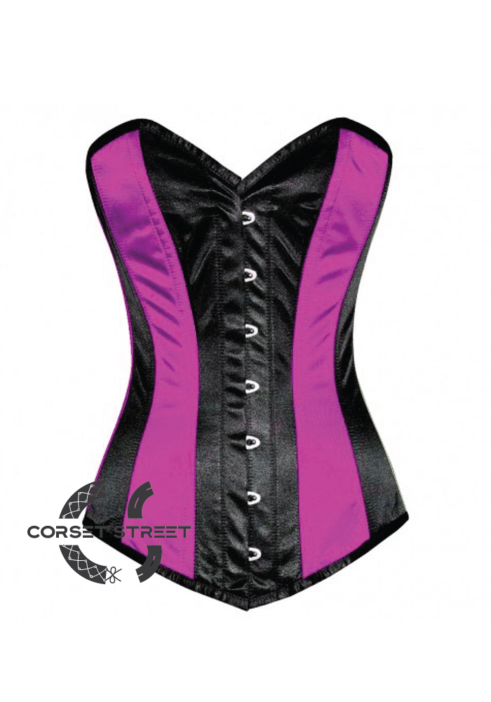 Purple Black Satin Gothic Burlesque Waist Training Bustier LONG Overbust Plus Size Corset Costume