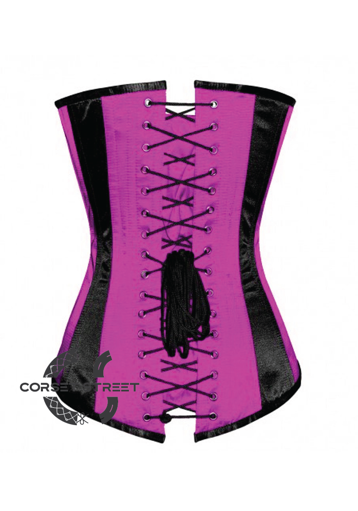 Purple Black Satin Gothic Burlesque Waist Training Bustier LONG Overbust Corset Costume