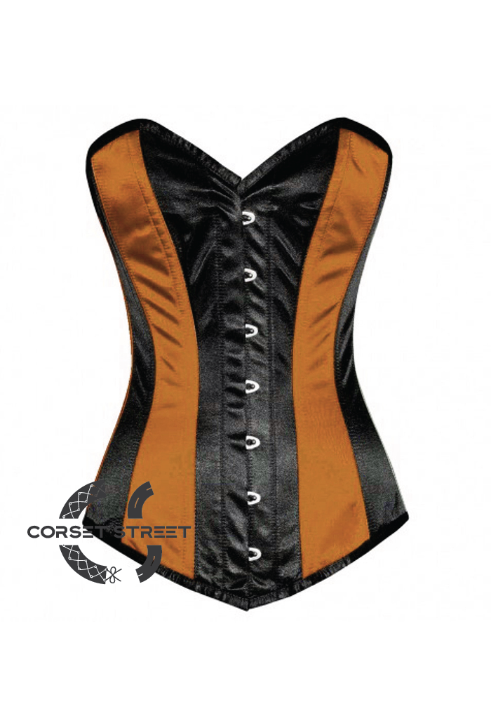 Brown & Black Satin Gothic Burlesque Waist Training Bustier LONG Overbust Corset Costume