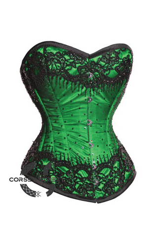Green Satin Black Sequins Gothic Burlesque Bustier Waist Training Overbust Plus Size Corset Costume