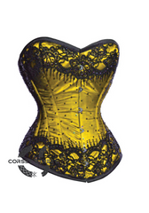 Yellow Satin Black Sequins Gothic Burlesque Bustier Waist Training Overbust Corset Costume