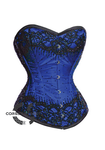 Blue Satin Black Sequins Gothic Burlesque Bustier Waist Training Overbust Corset Costume