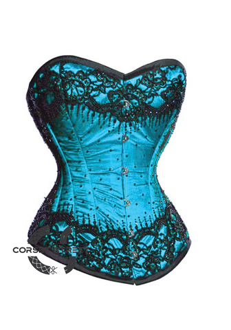 Baby Blue Satin Black Sequins Gothic Burlesque Bustier Waist Training Overbust Plus Size Corset Costume