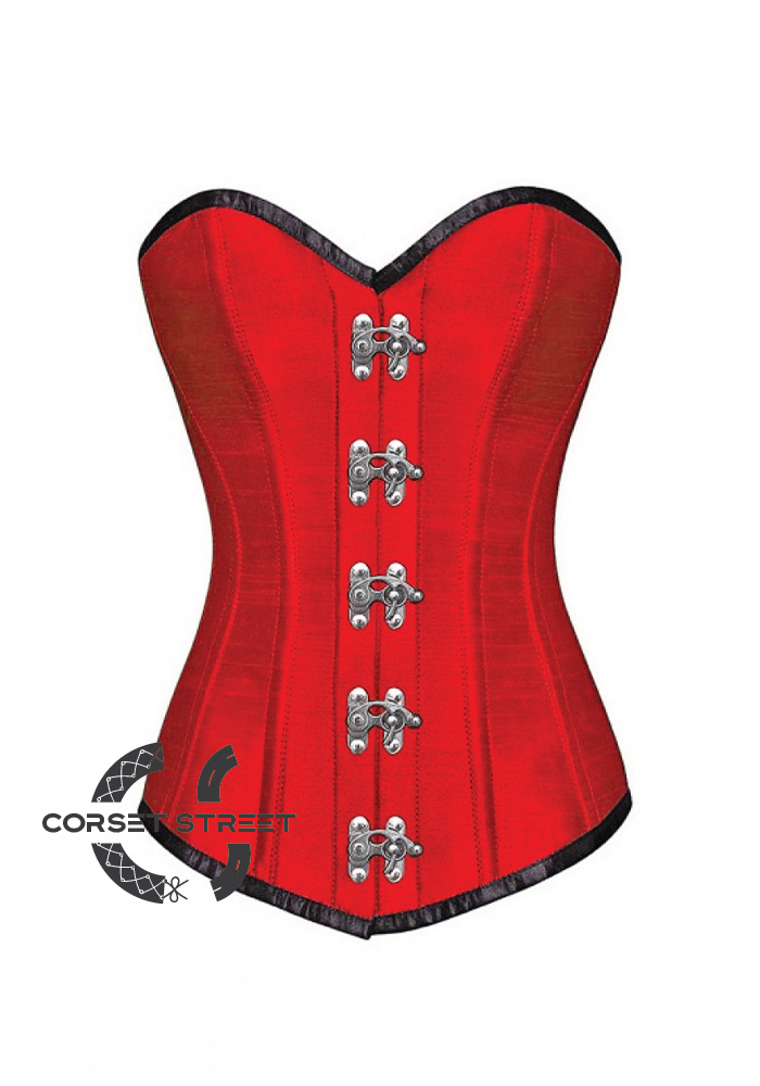 Red Silk Seal Lock Gothic Steampunk Bustier Waist Training LONG Overbust Corset Costume